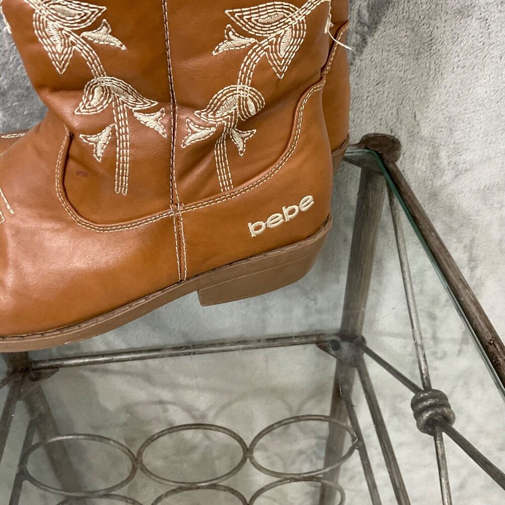 Bebe Cowgirl Boots women’s size 5 Brown faux leather embroidered logo name - Picture 2 of 16